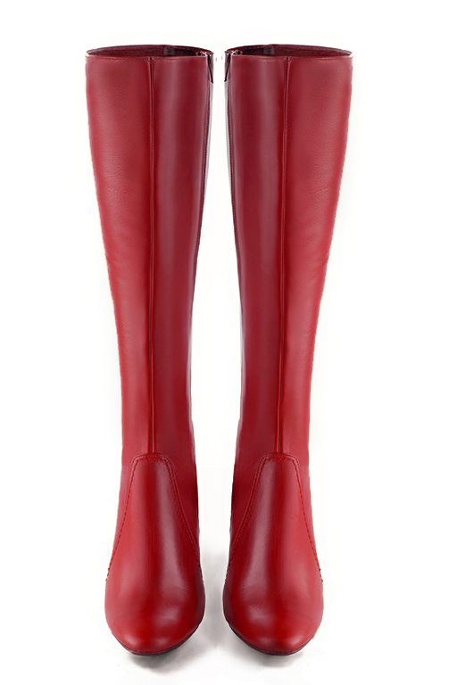 Cardinal red women's feminine knee-high boots. Round toe. High block heels. Made to measure. Top view - Florence KOOIJMAN